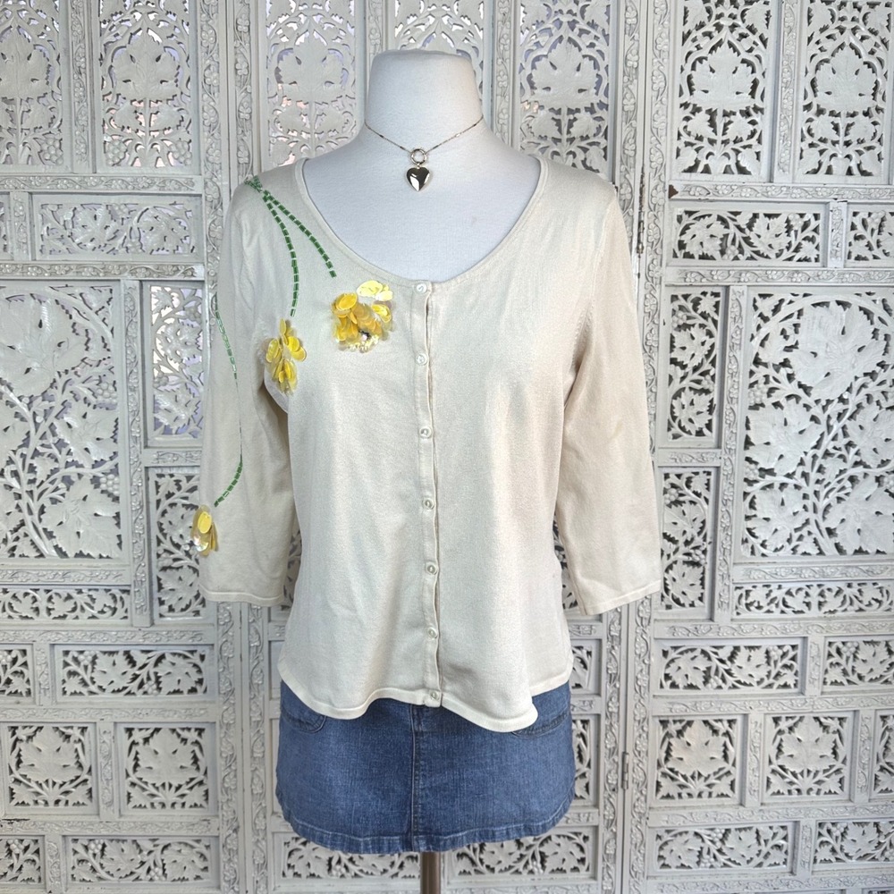 Vtg Silk Blend Sequin Beaded Floral Cream Ribbed 3/4 Sleeve Cardigan Sz L Fits M